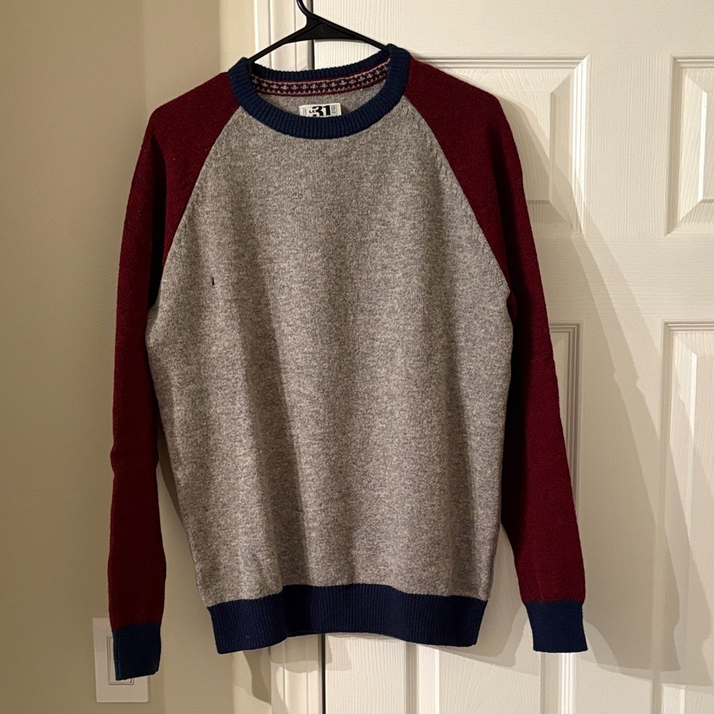 Simons Gray and Burgundy Crewneck Sweater, Hole (Right Chest) Lambswool